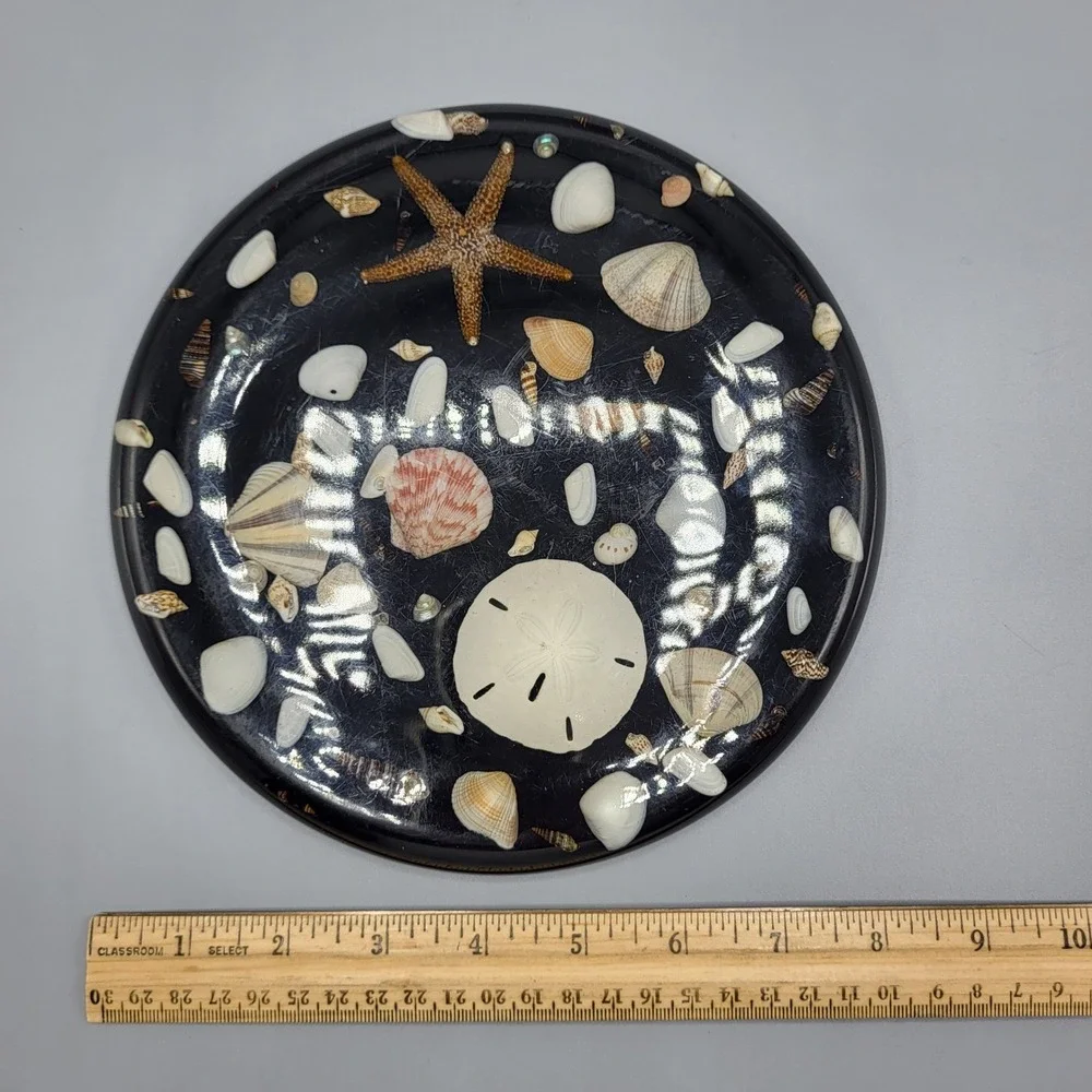 Vtg Lucite Resign Trivet Seashell Starfish Sand Dollar Black Kitchen Decor 8